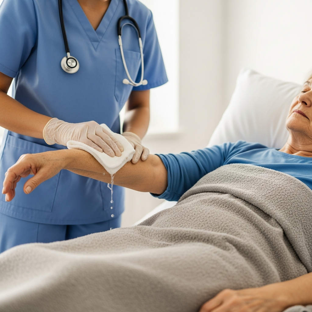 Chăm sóc viên lau rửa tay cho người già, đảm bảo che chắn kín đáo phần cơ thể còn lại bằng khăn lớn