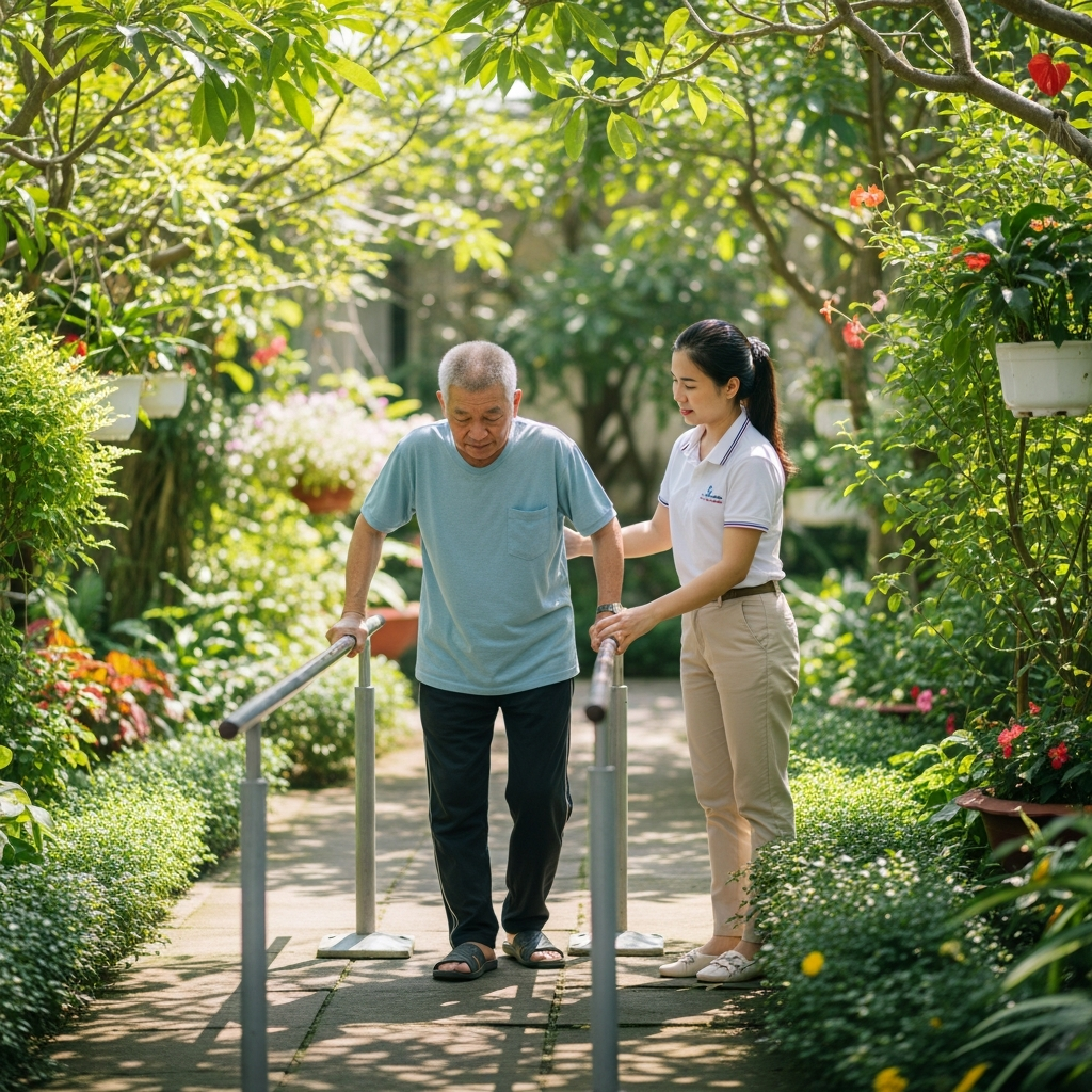 Người cao tuổi đang tập vật lý trị liệu phục hồi chức năng tại khuôn viên xanh mát của viện dưỡng lão.