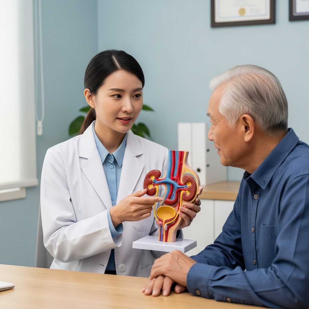 Bác sĩ chuyên khoa đang giải thích cơ chế gây tiểu đêm cho bệnh nhân cao tuổi bằng mô hình trực quan