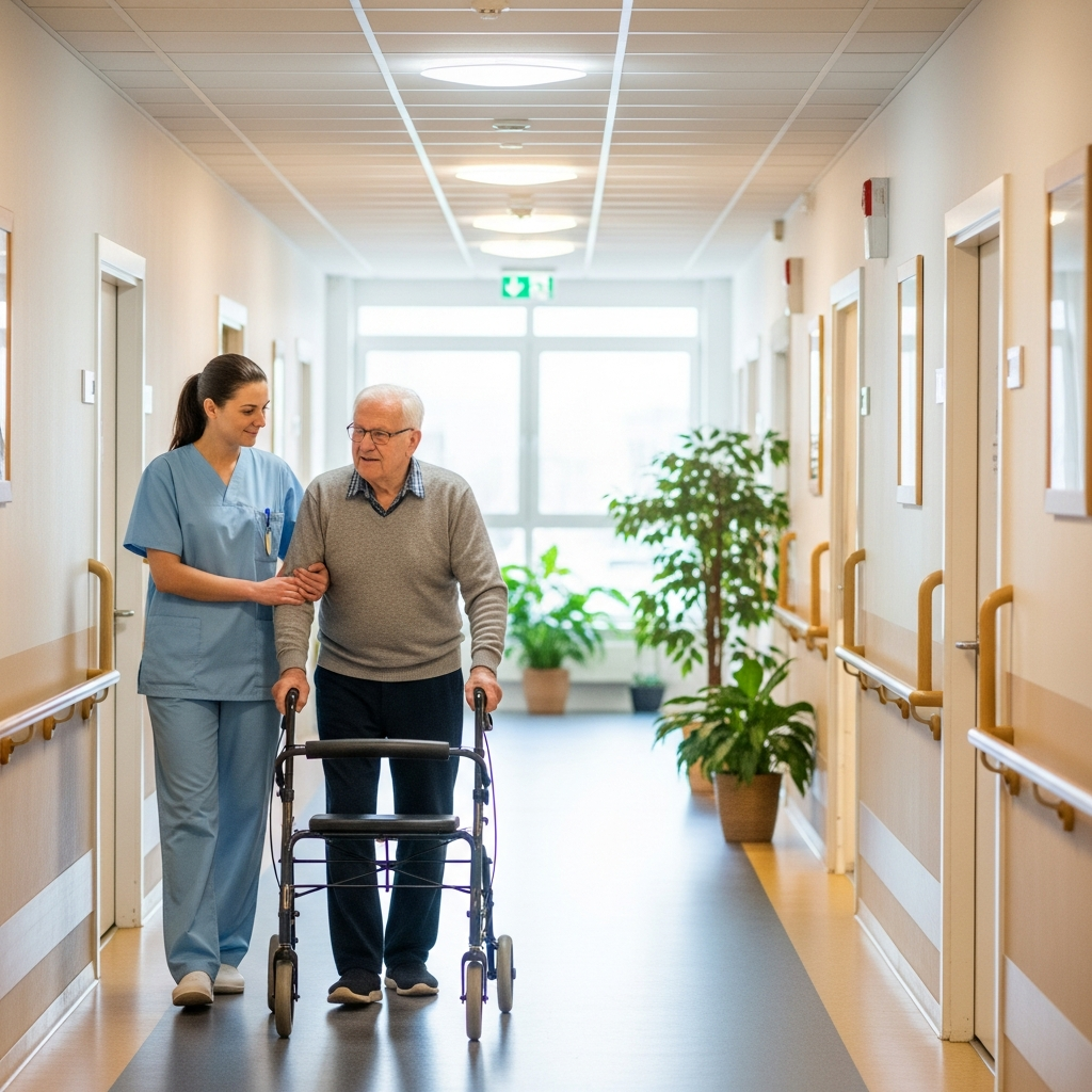 Cơ sở vật chất viện dưỡng lão uy tín với hành lang rộng, tay vịn an toàn và nhân viên hỗ trợ người già tập đi