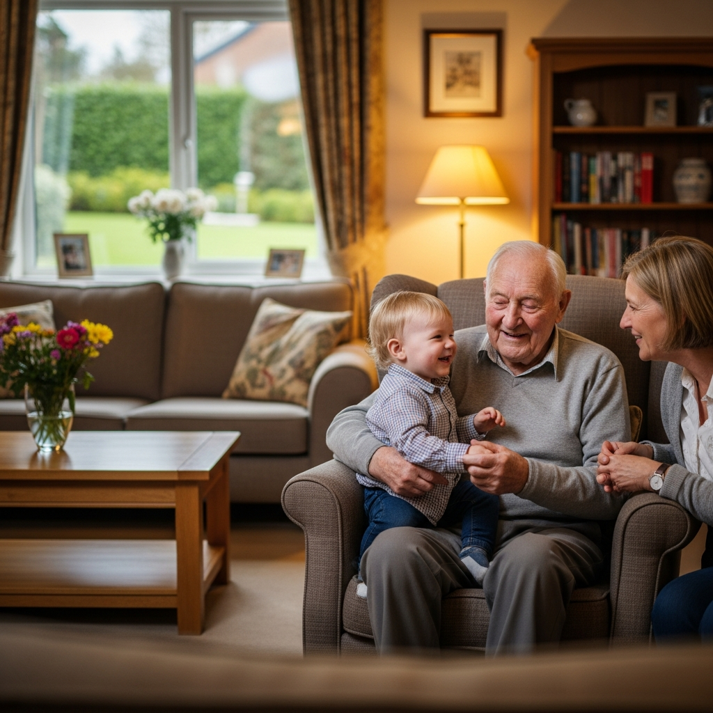 Gia đình đến thăm hỏi và trò chuyện vui vẻ với người thân cao tuổi tại viện dưỡng lão, thể hiện sự gắn kết tình cảm.