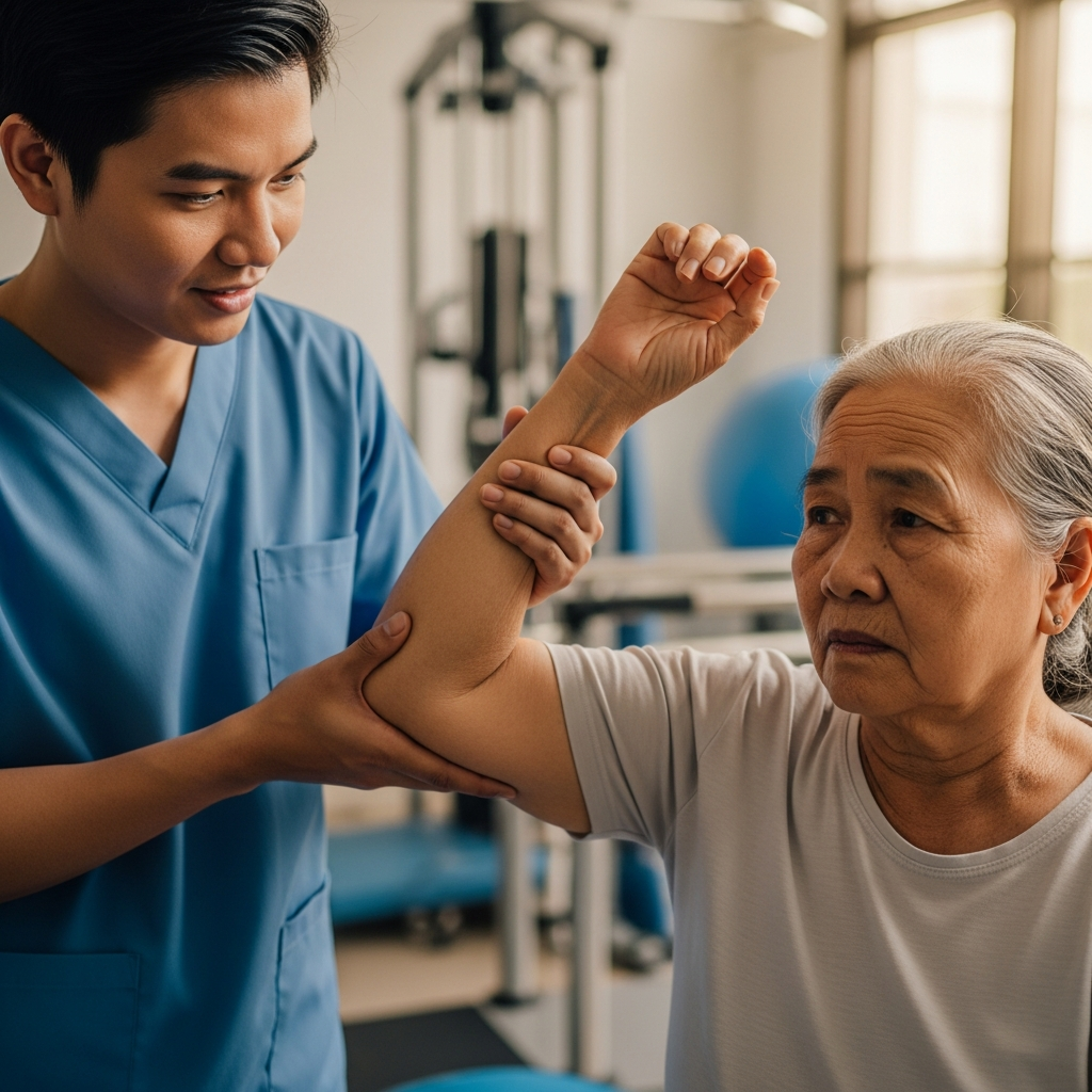 A healthcare professional assisting an elderly patient with physical therapy rehabilitation exercises.
