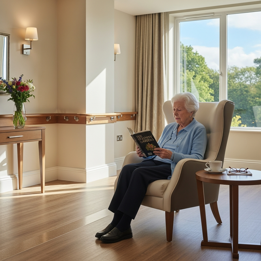 Không gian phòng nghỉ sang trọng tại viện dưỡng lão cao cấp với thiết kế an toàn và ánh sáng tự nhiên.