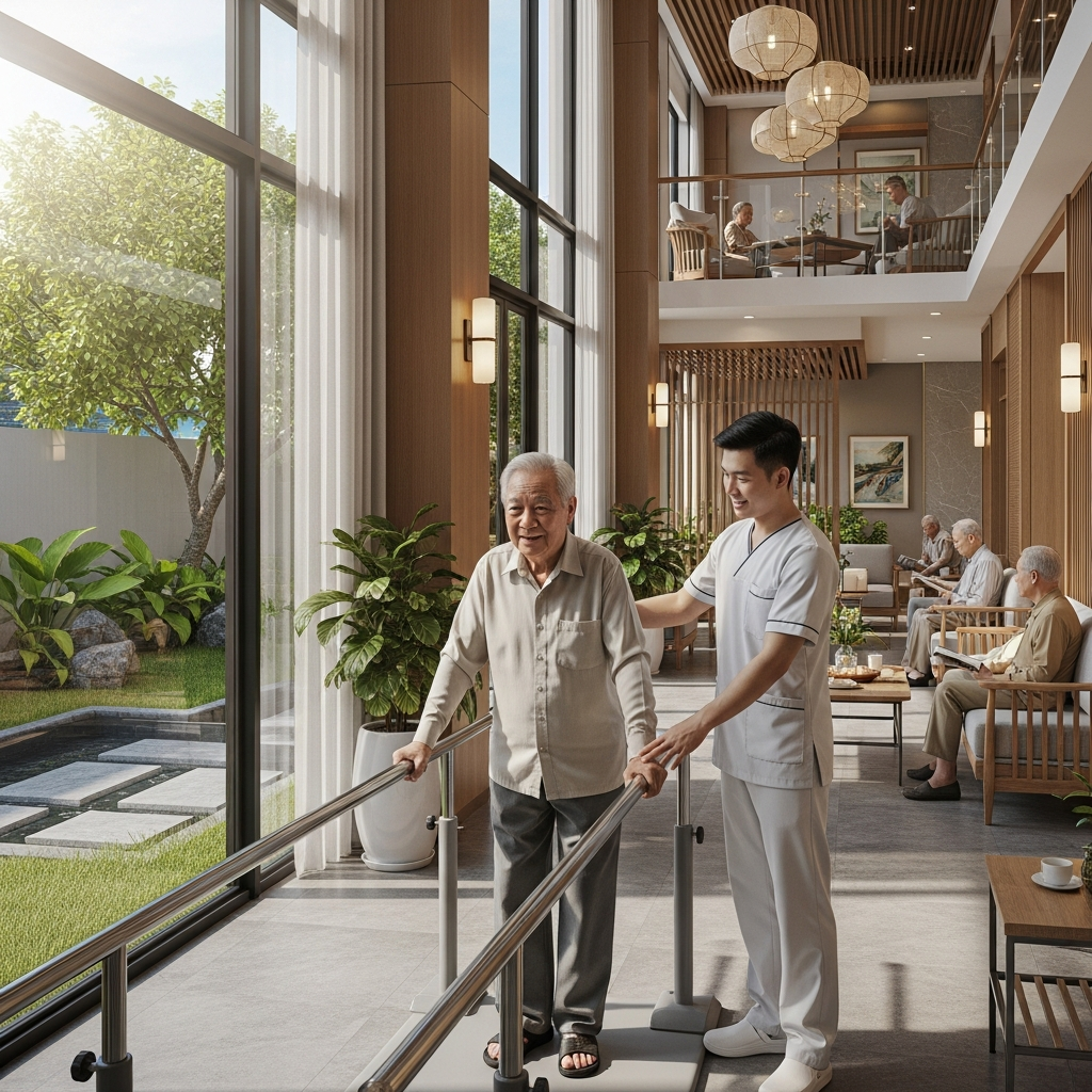 Hình ảnh không gian hiện đại và thoáng mát tại một trung tâm dưỡng lão cao cấp, với người cao tuổi đang tập phục hồi chức năng cùng chuyên viên y tế.