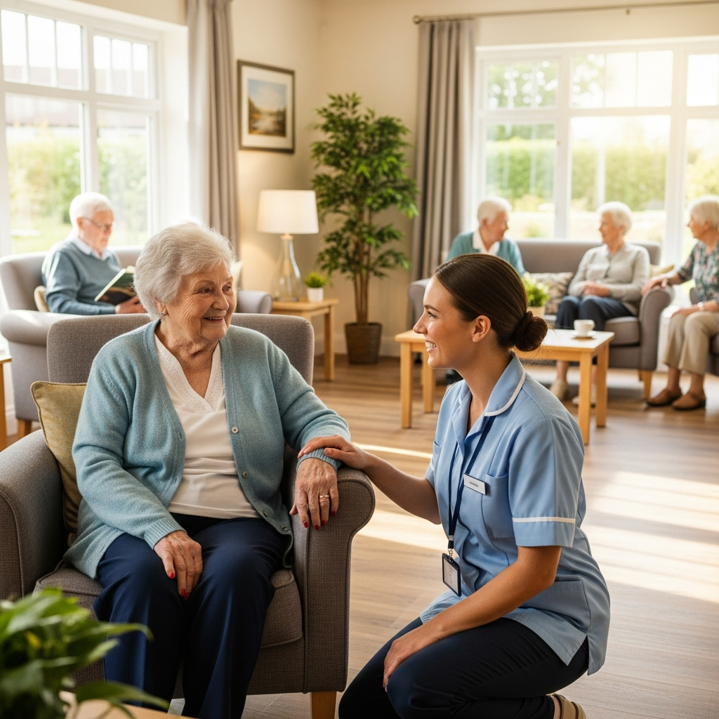 A bright and social nursing home environment where a nurse interacts happily with an elderly resident.