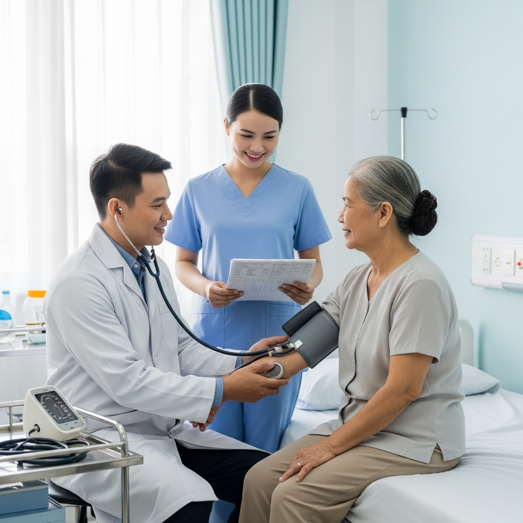 Bác sĩ và điều dưỡng đang thăm khám sức khỏe định kỳ và đo huyết áp cho người cao tuổi tại viện dưỡng lão.