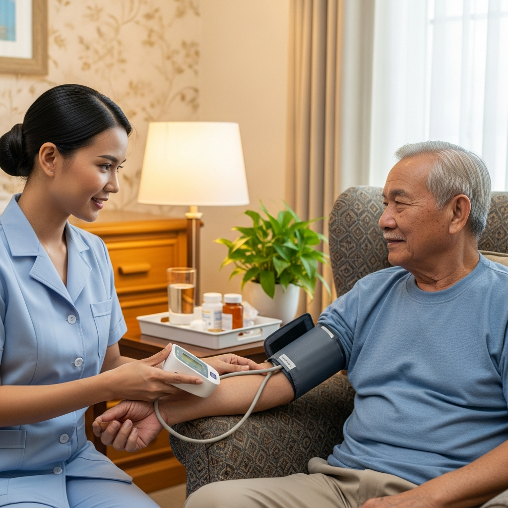 Nhân viên y tế đang kiểm tra huyết áp và chăm sóc sức khỏe cho người cao tuổi tại phòng riêng tiện nghi
