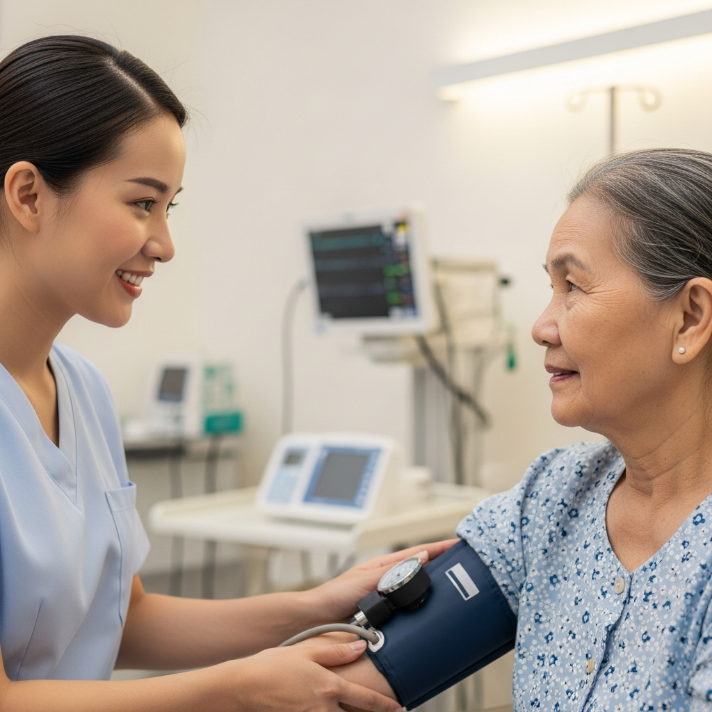 Nhân viên y tế ân cần chăm sóc và kiểm tra sức khỏe cho người cao tuổi tại viện dưỡng lão.