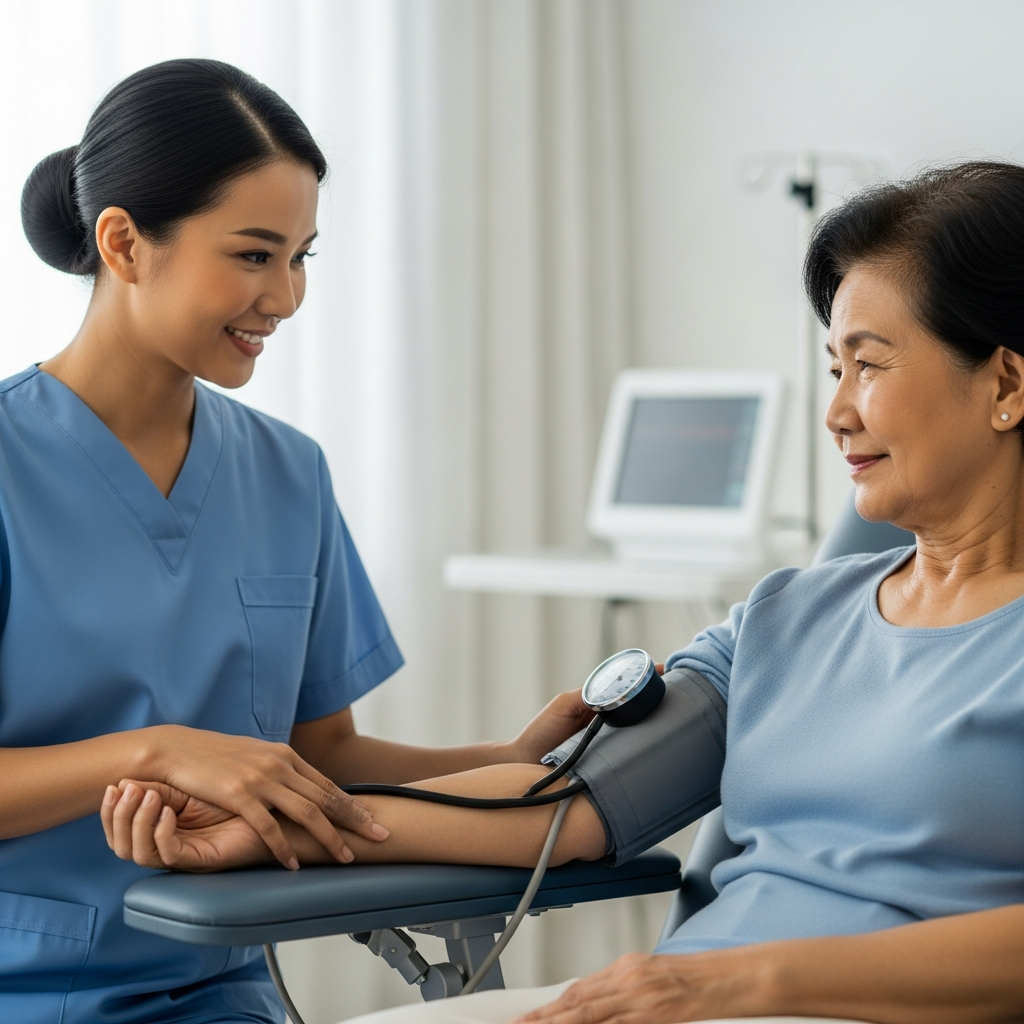 Y tá ân cần kiểm tra sức khỏe và đo huyết áp cho người cao tuổi, thể hiện sự chăm sóc y tế chuyên sâu và tận tình.