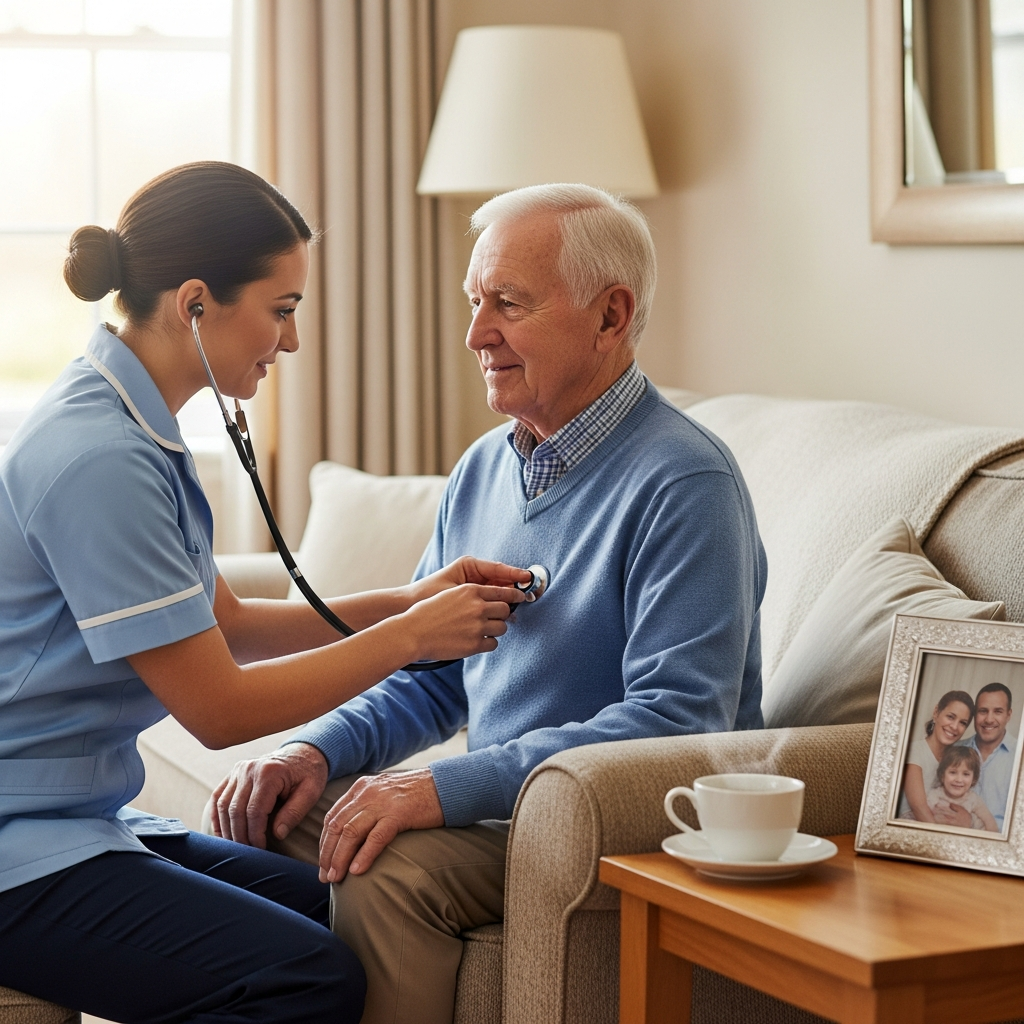 A professional nurse providing medical check-ups for an elderly man in the comfort of his own living room.