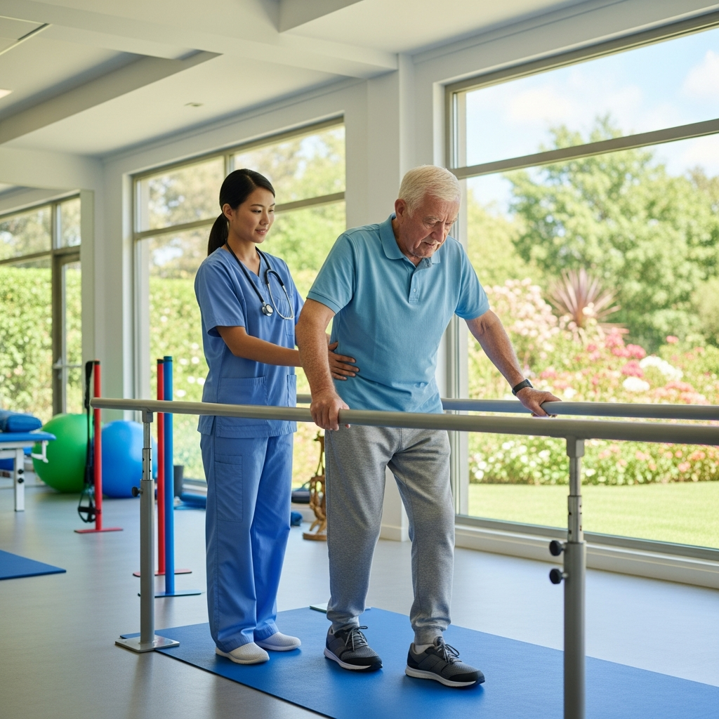 Chuyên viên vật lý trị liệu đang hỗ trợ người cao tuổi tập phục hồi chức năng đi lại trong không gian thoáng đãng.