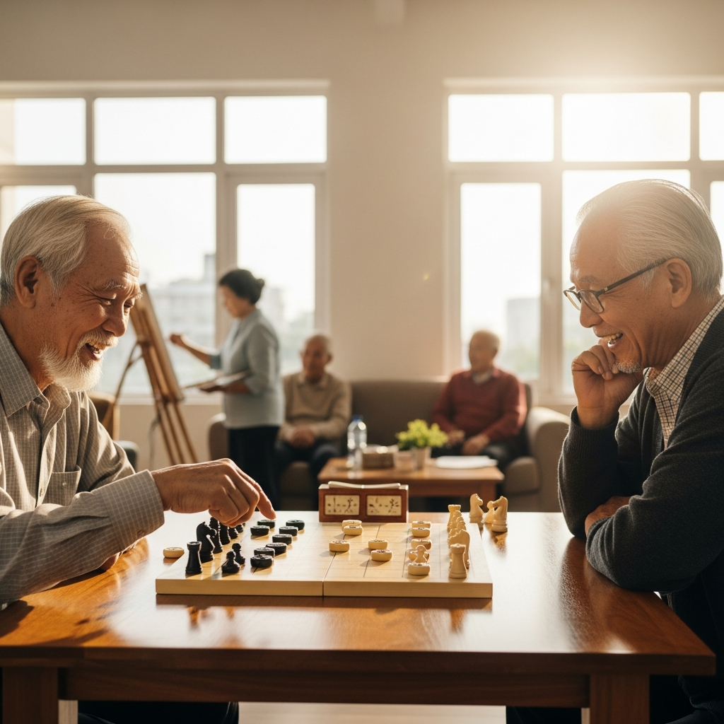 Các cụ ông đang vui vẻ chơi cờ tướng và tham gia hoạt động giải trí tập thể tại phòng sinh hoạt chung