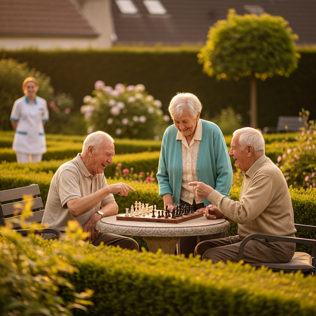 Các cụ già vui vẻ trò chuyện và chơi cờ cùng nhau trong khuôn viên xanh mát, xóa bỏ cảm giác cô đơn.