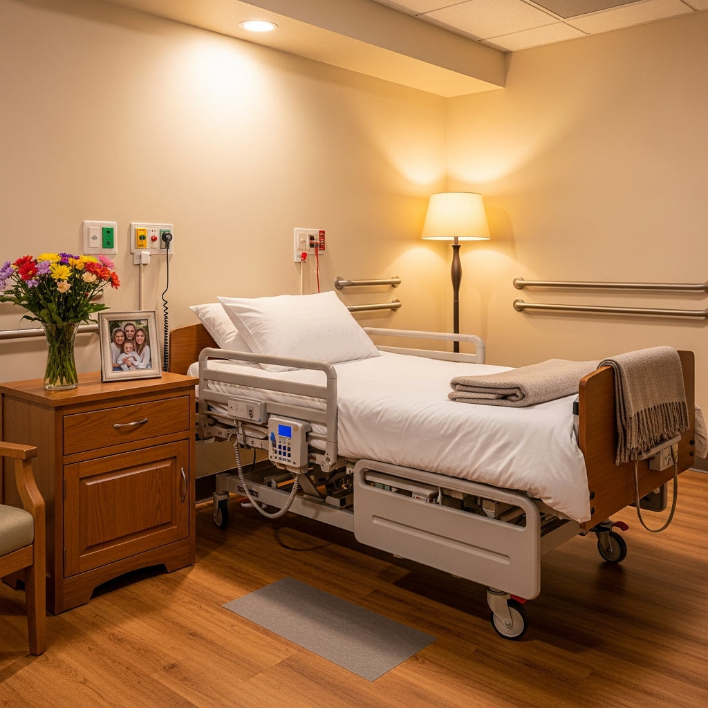 Không gian phòng nghỉ tiện nghi với giường y tế chuyên dụng và thiết kế an toàn dành cho người cao tuổi tại viện dưỡng lão.