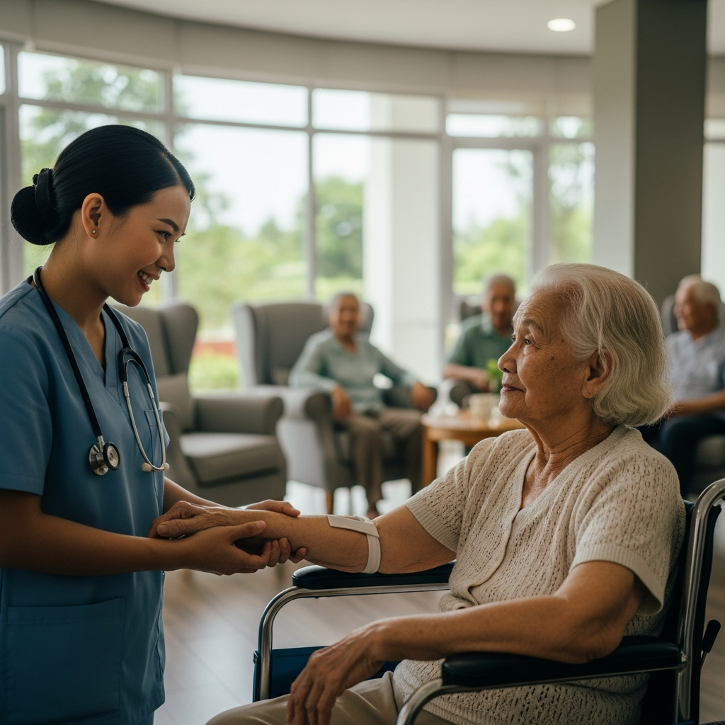 Hình ảnh điều dưỡng viên ân cần chăm sóc sức khỏe cho người cao tuổi tại viện dưỡng lão hiện đại, thể hiện sự an tâm và chuyên nghiệp.