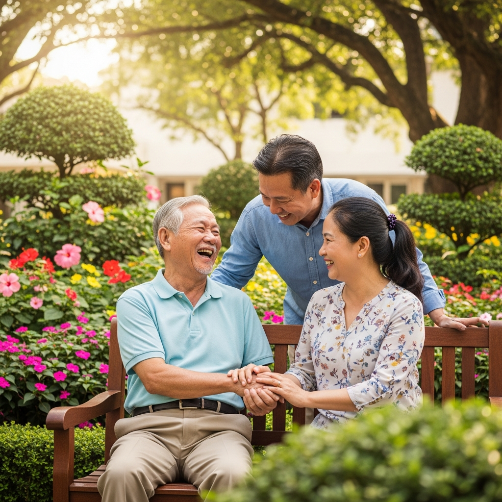 Cảnh con cái vui vẻ đến thăm cha tại khuôn viên xanh mát của viện dưỡng lão, xóa tan tâm lý mặc cảm bỏ rơi cha mẹ.