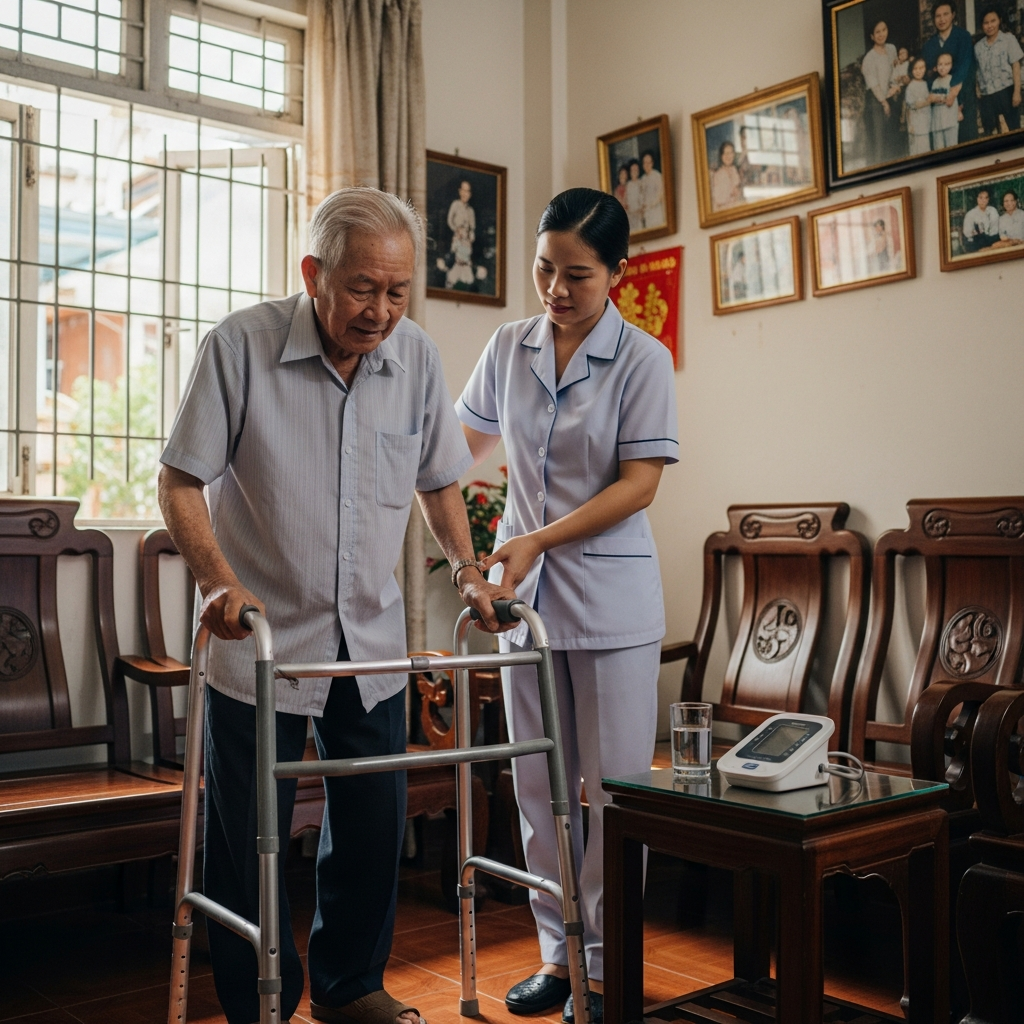 Nhân viên chăm sóc y tế chuyên nghiệp hỗ trợ người cao tuổi tập đi ngay tại phòng khách gia đình, minh họa cho giải pháp chăm sóc tại nhà.
