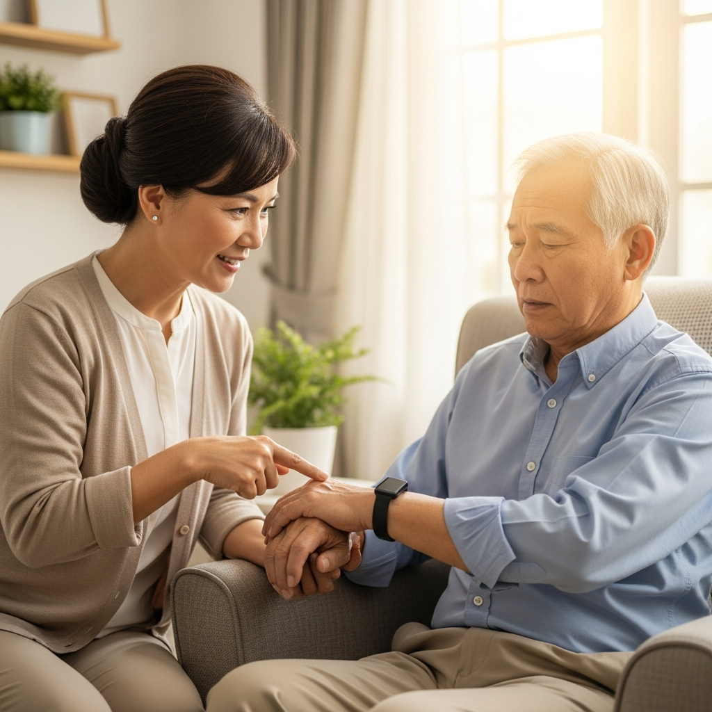 Người con gái đang nhẹ nhàng an ủi và chỉ vào thiết bị định vị trên tay người cha già, thể hiện sự quan tâm và an toàn.