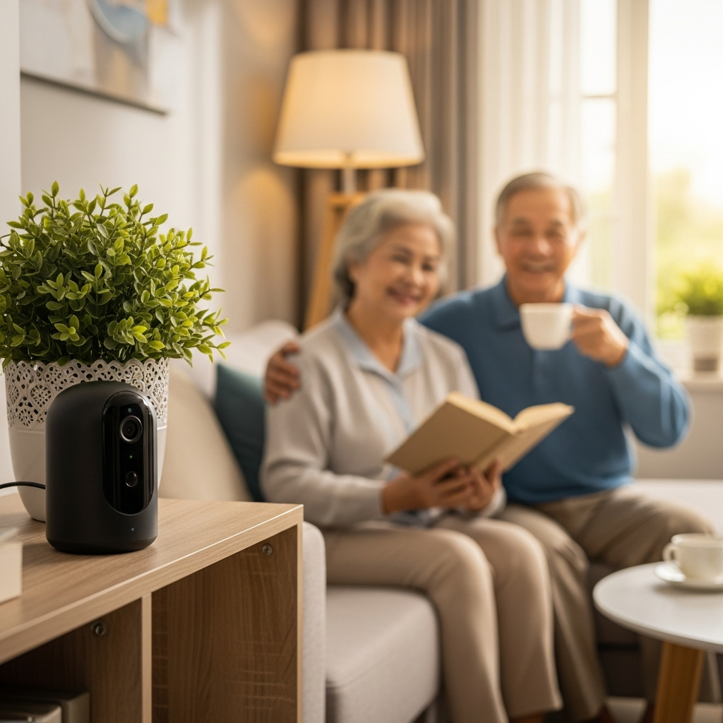 Hình ảnh không gian phòng khách ấm cúng với người già đang thư giãn, phía trước là camera an ninh thông minh giám sát an toàn.