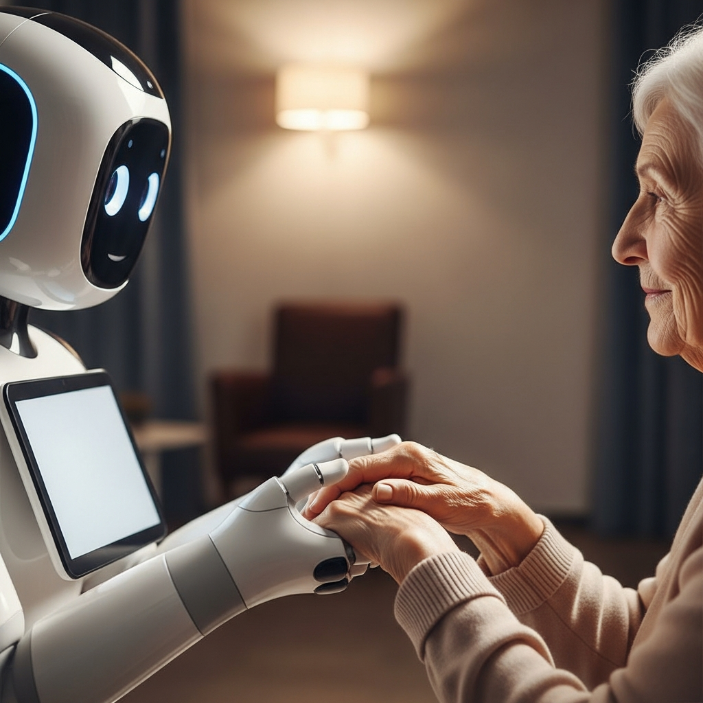 A care robot gently holding the hand of an elderly person in a medical setting.