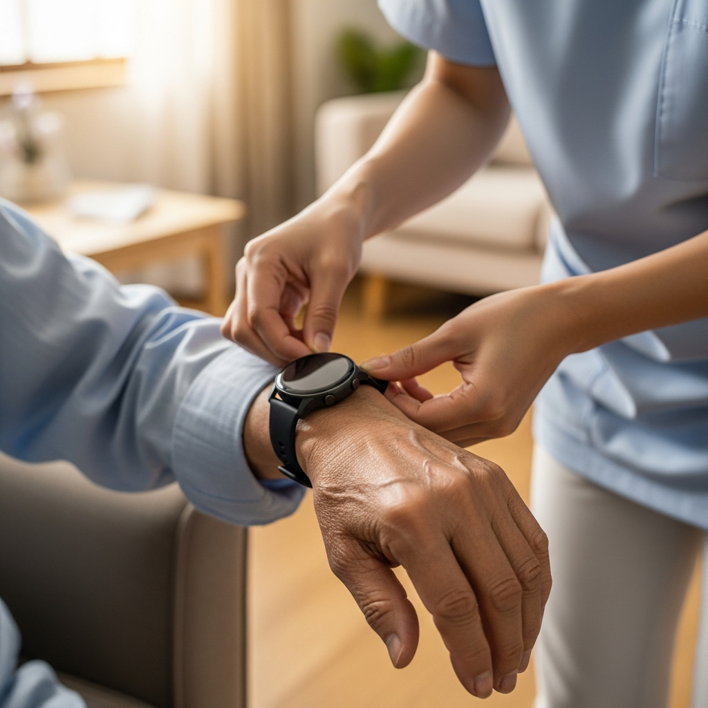 Người chăm sóc đang đeo đồng hồ định vị GPS thông minh cho người cao tuổi để đảm bảo an toàn.