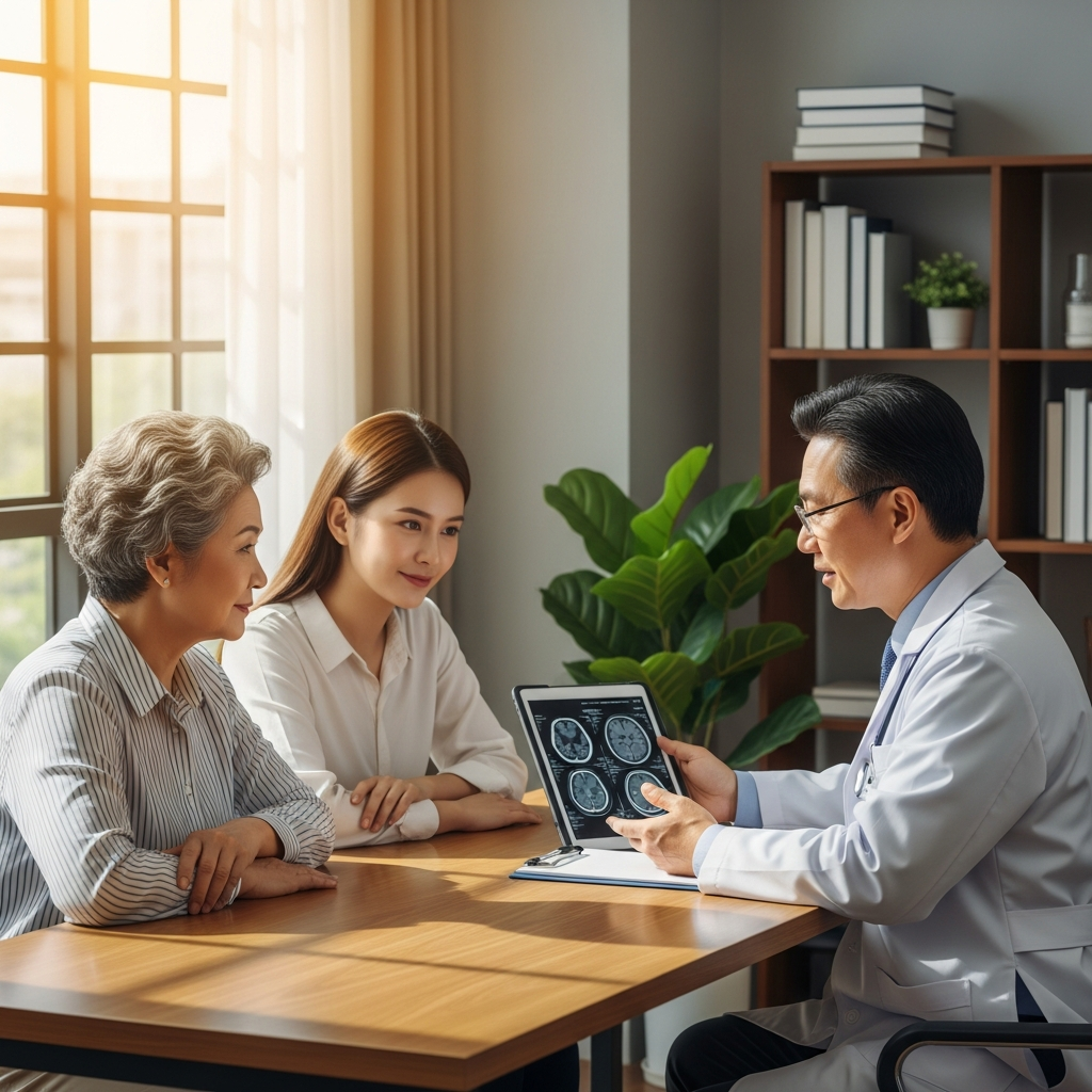 Bác sĩ chuyên khoa đang tư vấn tận tình cho bệnh nhân cao tuổi và người nhà về tầm quan trọng của việc chẩn đoán sớm bệnh Alzheimer.