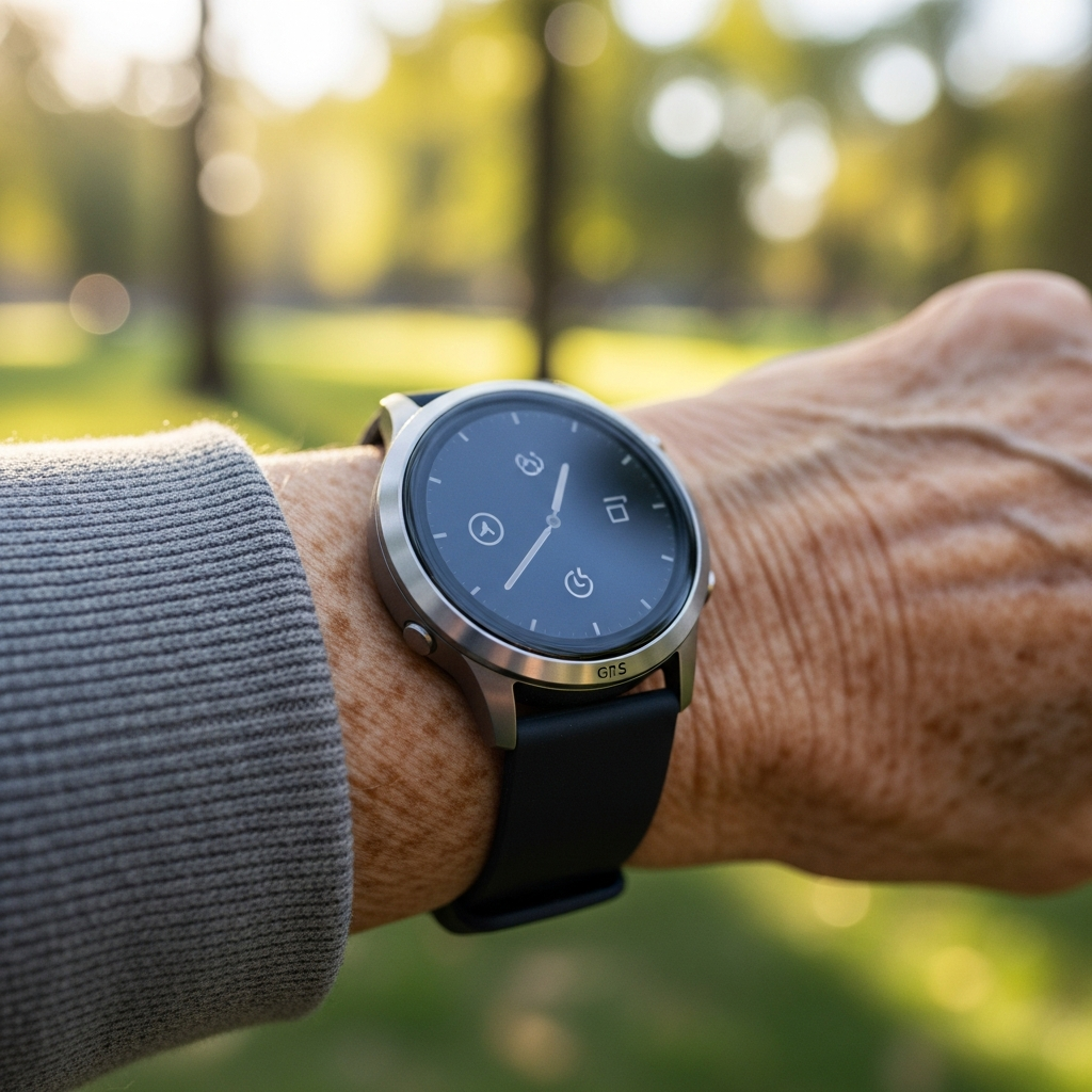 Cận cảnh chiếc đồng hồ định vị thông minh đeo trên cổ tay người cao tuổi trong bối cảnh công viên xanh mát.