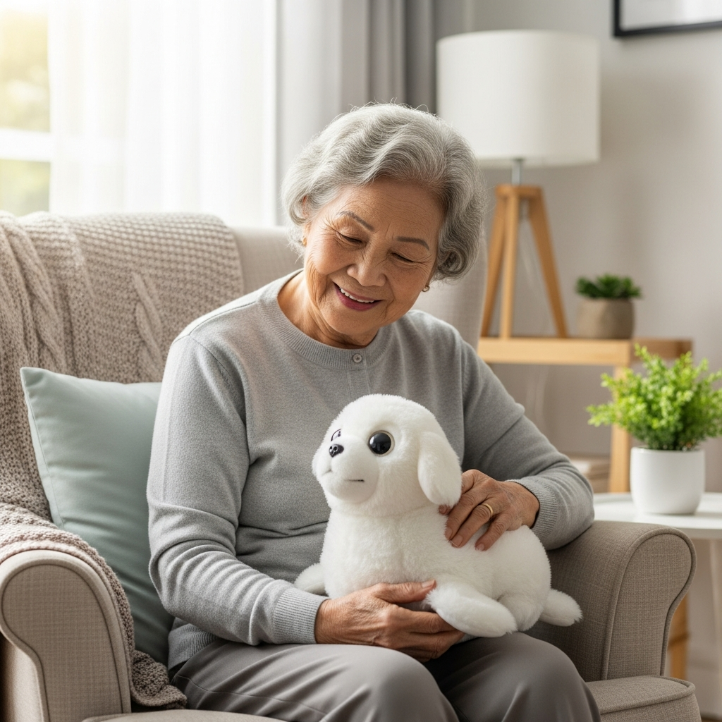 Elderly woman smiling while interacting with a therapeutic companion robot.