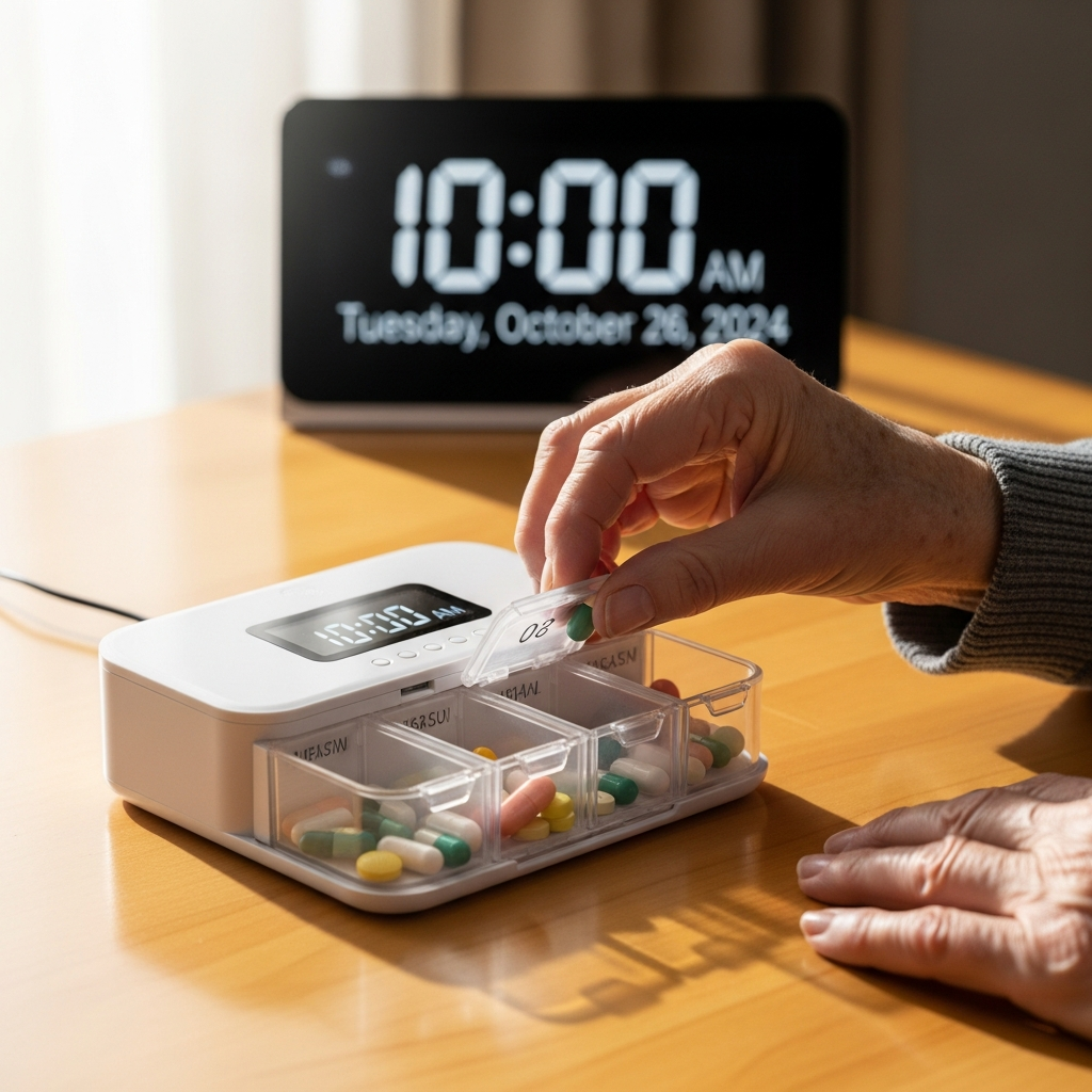 Người cao tuổi sử dụng hộp chia thuốc điện tử thông minh và đồng hồ lịch vạn niên để hỗ trợ trí nhớ.