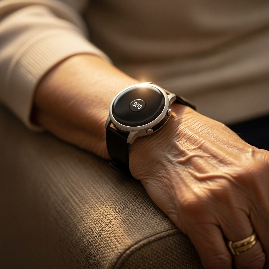 Cận cảnh người cao tuổi đeo đồng hồ thông minh có nút bấm khẩn cấp SOS trên cổ tay để báo động khi gặp sự cố.