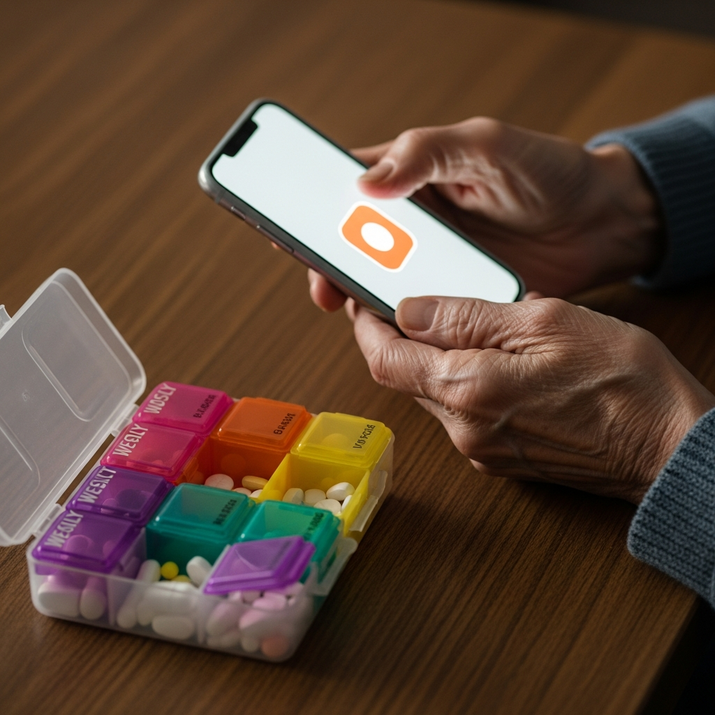 Cận cảnh tay người cao tuổi cầm điện thoại thông minh bên cạnh hộp chia thuốc hàng tuần, minh họa cho ứng dụng nhắc uống thuốc.