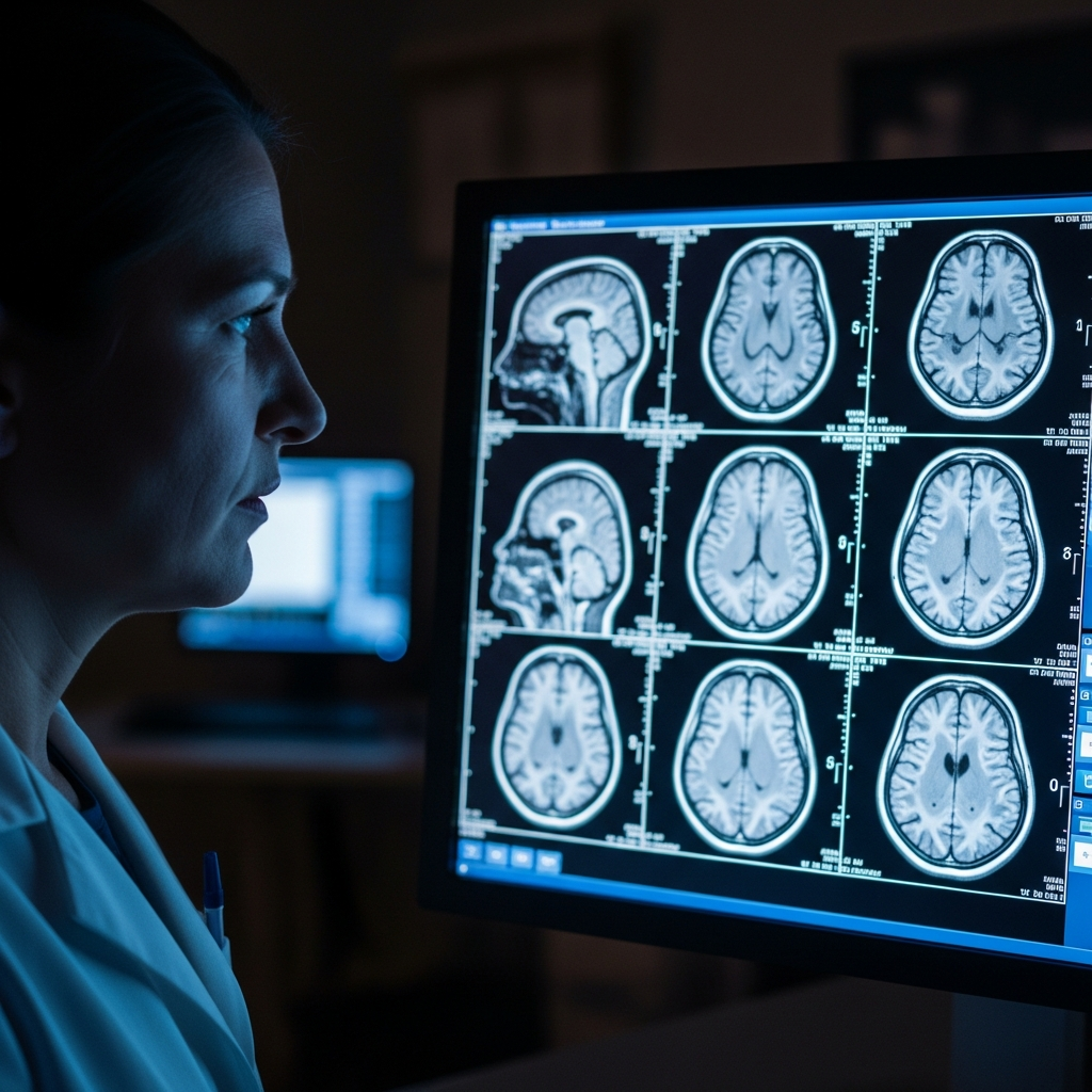 Bác sĩ chẩn đoán hình ảnh đang tập trung phân tích phim chụp MRI não bộ kỹ thuật số trên màn hình máy tính hiện đại.