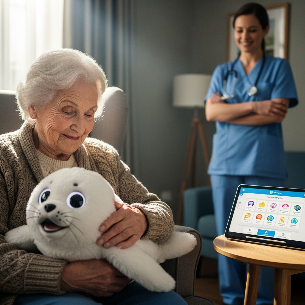 Người bệnh Alzheimer tương tác vui vẻ với robot thú cưng hỗ trợ cảm xúc dưới sự giám sát của nhân viên y tế.