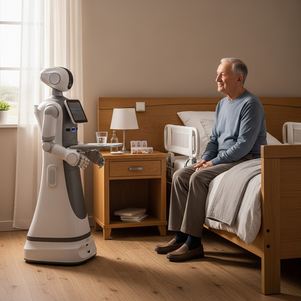 Medical monitoring robot stationed near an elderly patient's bedside.