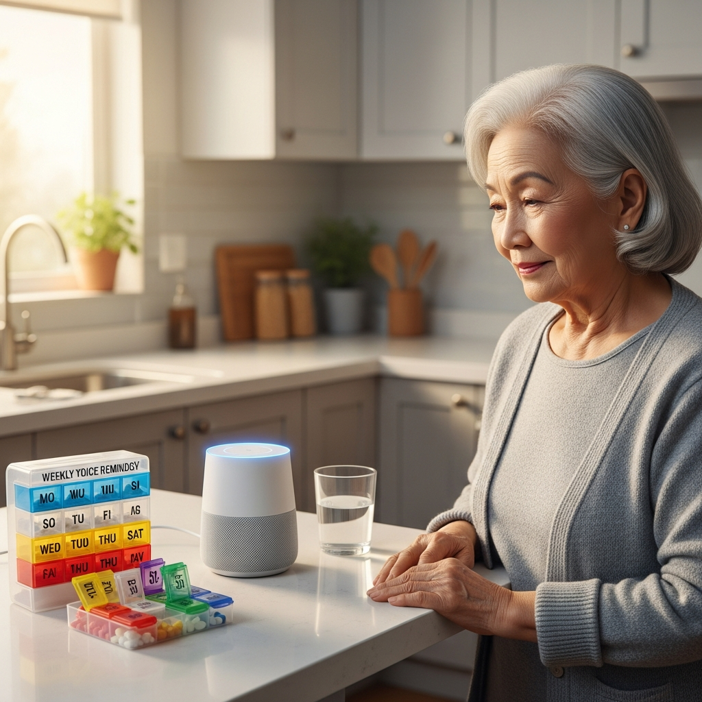 Người cao tuổi đang lắng nghe nhắc nhở uống thuốc từ loa thông minh, bên cạnh là hộp chia thuốc, hỗ trợ người bệnh suy giảm trí nhớ.