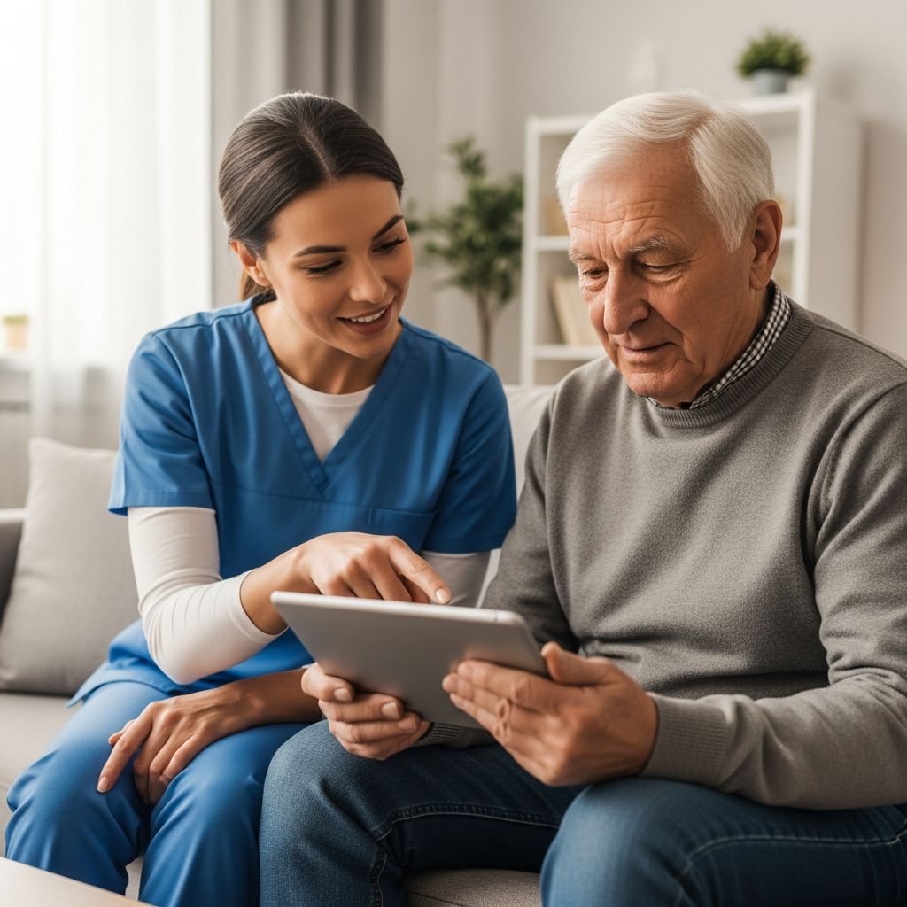 Người chăm sóc đang kiên nhẫn hướng dẫn người cao tuổi sử dụng máy tính bảng, thể hiện sự đồng hành và hỗ trợ.