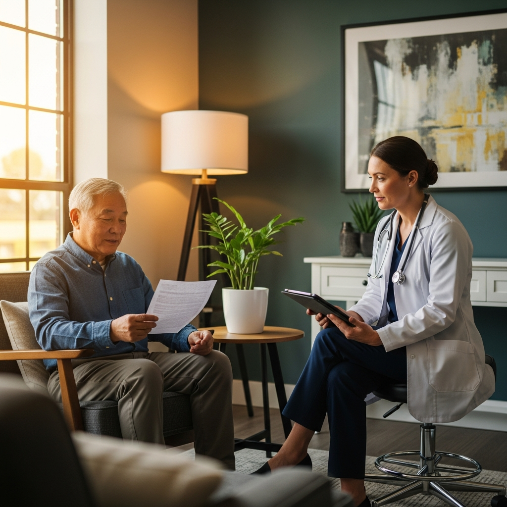 Bác sĩ đang thực hiện bài kiểm tra giọng nói và ngôn ngữ với bệnh nhân nam cao tuổi để phát hiện sớm các dấu hiệu sa sút trí tuệ.
