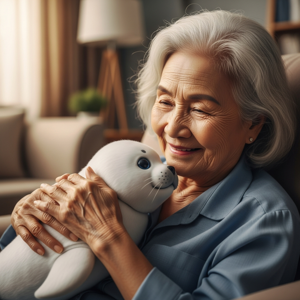 An elderly woman smiling while hugging a white therapy robot seal in a cozy living room.