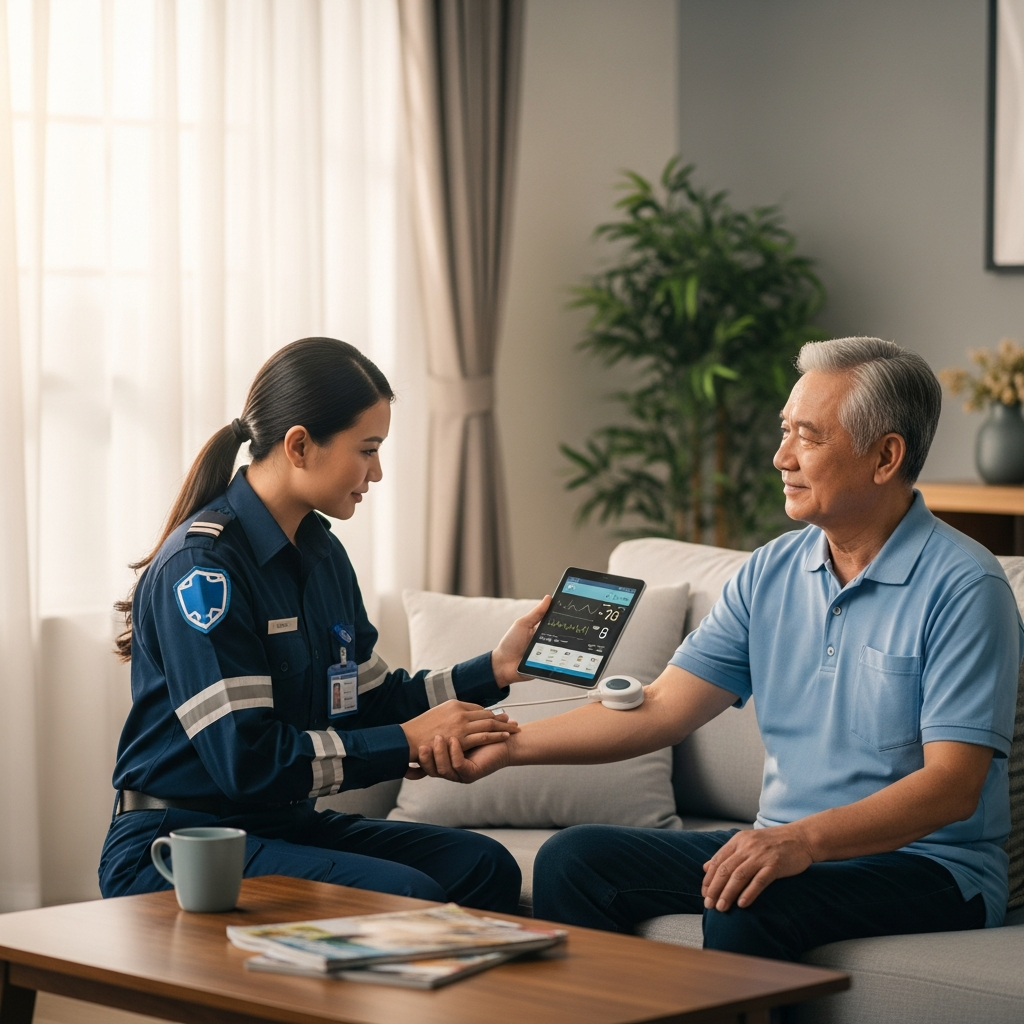 Nhân viên y tế đang kiểm tra sức khỏe cho người cao tuổi tại nhà sau khi nhận được cảnh báo khẩn cấp