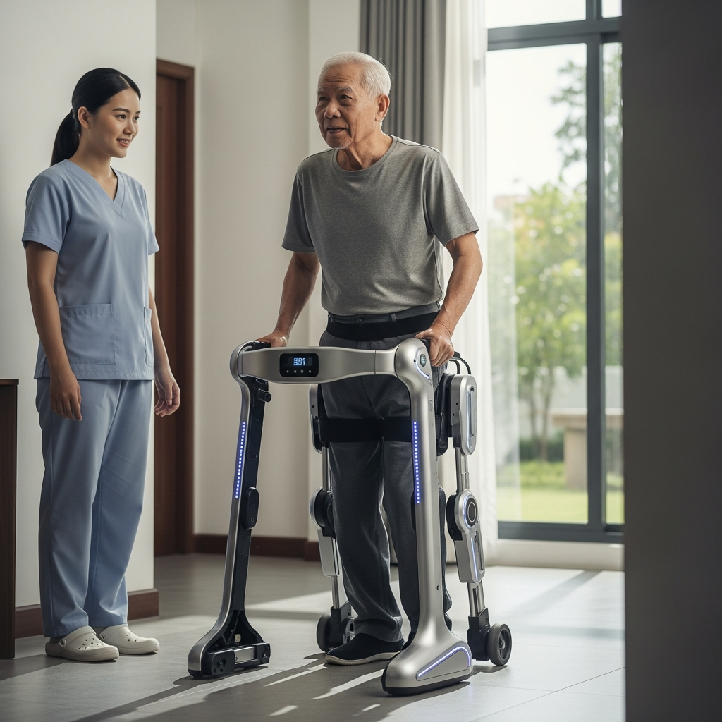 An elderly man using a high-tech smart walker for rehabilitation with a caregiver supervising nearby.