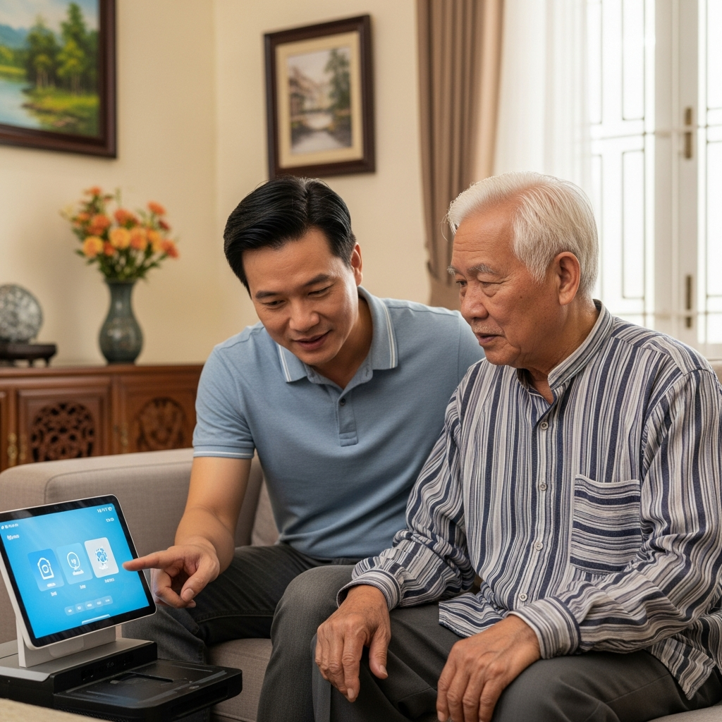 A son explaining how to use a smart home device to his elderly father in a comfortable living room.