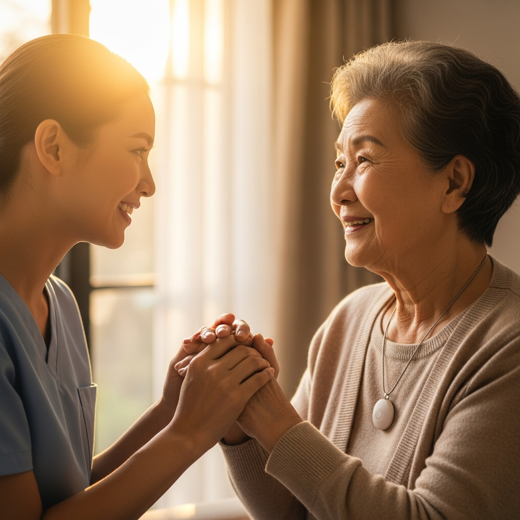 Hình ảnh người chăm sóc đang ân cần nắm tay và trò chuyện với người cao tuổi, thể hiện sự kết hợp giữa công nghệ và tình thương