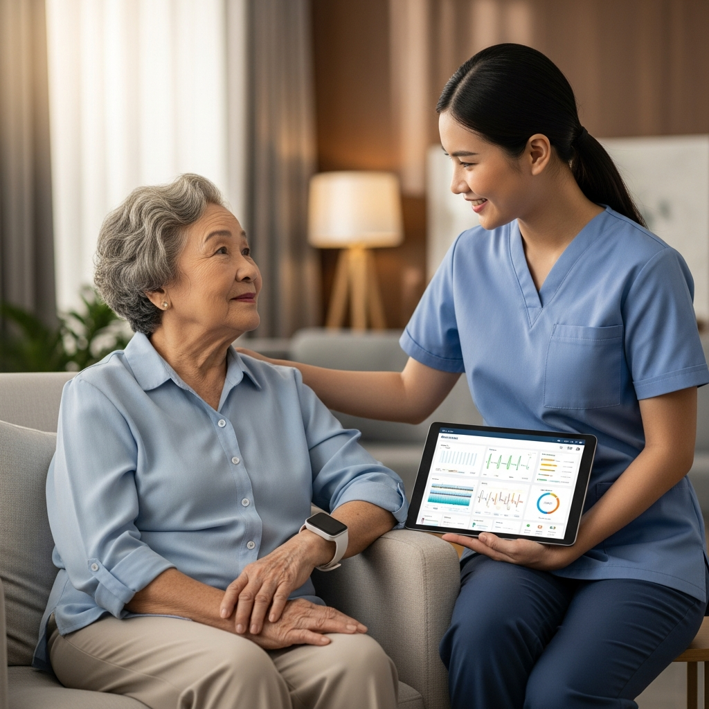 Người cao tuổi đeo thiết bị theo dõi sức khỏe thông minh và nhân viên y tế đang kiểm tra dữ liệu trên máy tính bảng trong không gian an toàn.