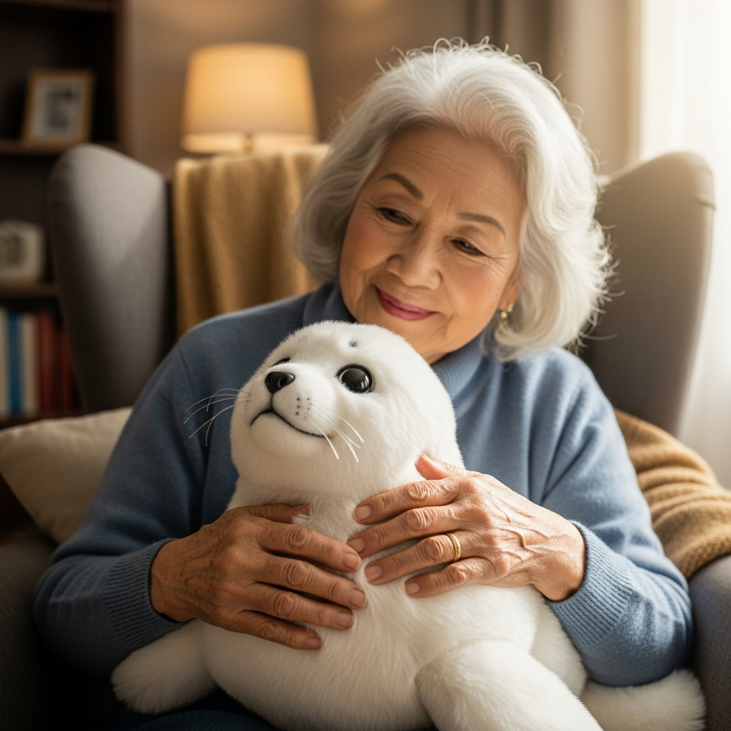 An elderly woman smiling peacefully while hugging a white therapeutic robotic seal in a sunny room.