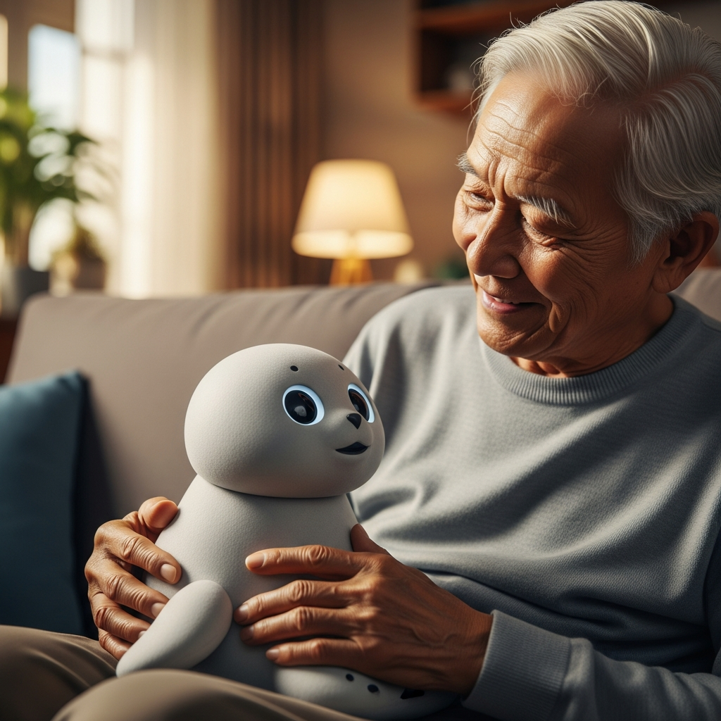 Một người đàn ông lớn tuổi đang mỉm cười vui vẻ khi tương tác với robot thú cưng bầu bạn, giúp xua tan cảm giác cô đơn.