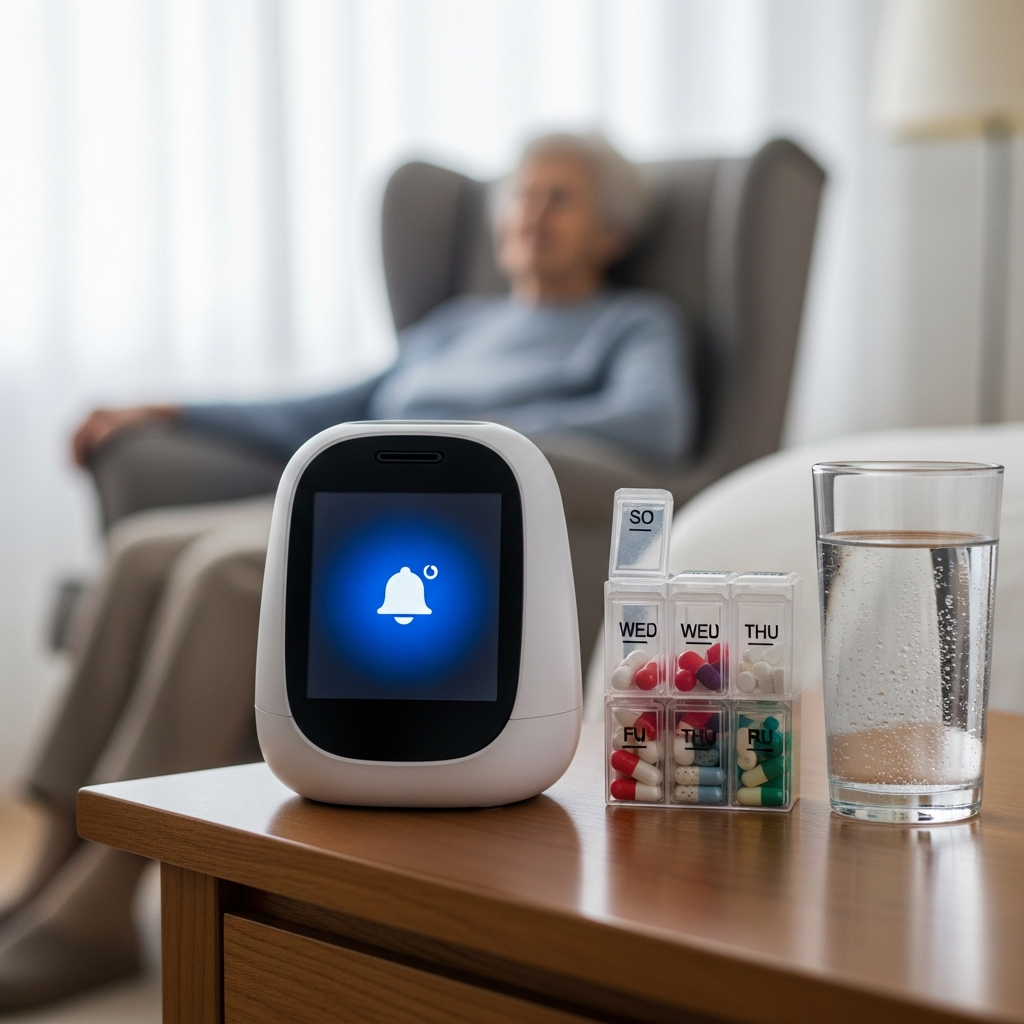 A healthcare robot on a nightstand next to a pill organizer, with an elderly person resting safely in the background.