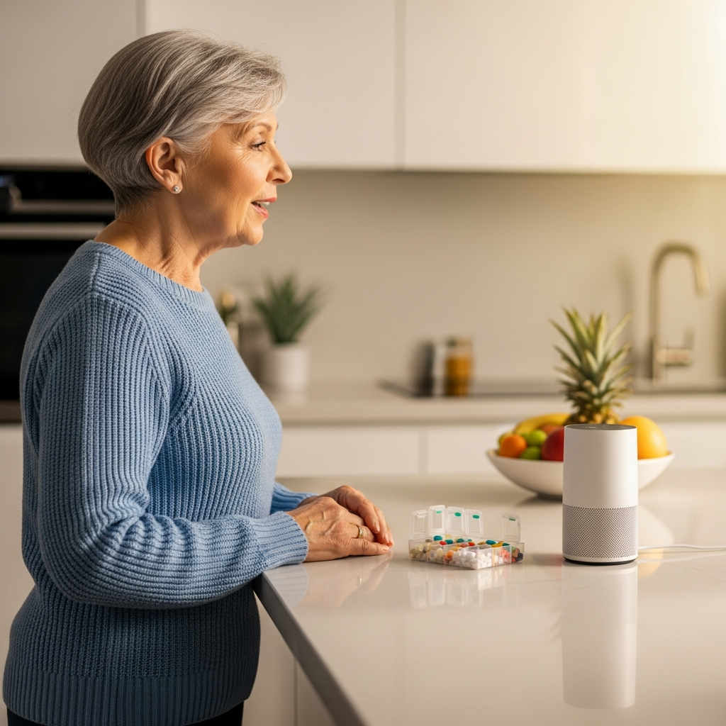 Người phụ nữ lớn tuổi đang ra lệnh bằng giọng nói cho loa thông minh bên cạnh hộp chia thuốc hàng ngày.
