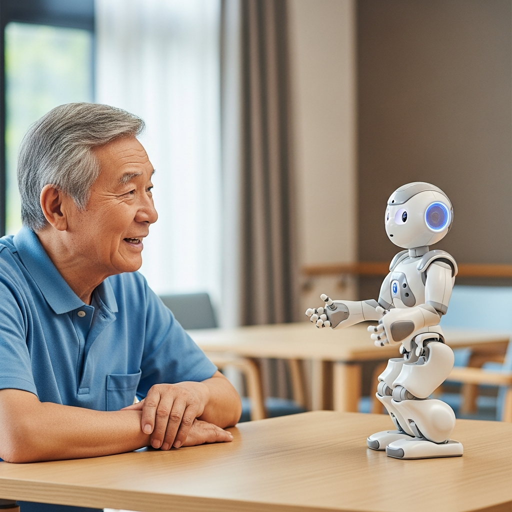 An elderly man sitting at a table interacting with a small white humanoid robot in a modern room.
