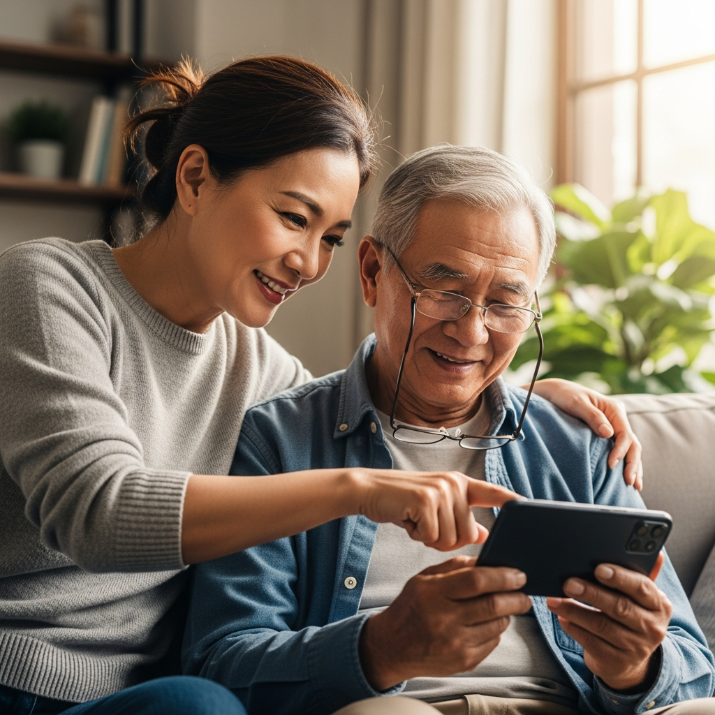 Một người phụ nữ trung niên đang kiên nhẫn hướng dẫn cha mình sử dụng điện thoại thông minh, cả hai đều mỉm cười vui vẻ.