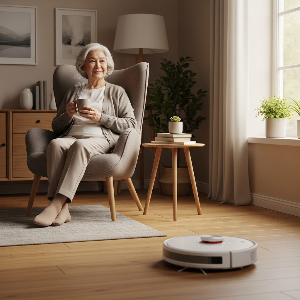 Người cao tuổi đang ngồi thư giãn uống trà trên ghế bành trong khi robot hút bụi đang tự động làm sạch sàn nhà.